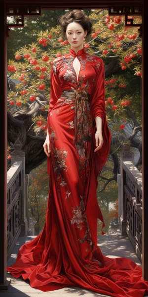红色宫装贵妃，妖娆万分，顾盼生辉，全身像，高画质，真人，行走在春意盎然的后花园