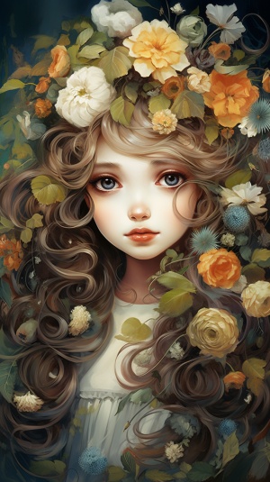 少女插画：花海中的花环与大眼睛