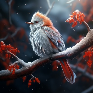 红白相间的鸟站在雪景树枝上