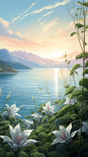 曼陀罗花，远景，湖，太阳光，插画