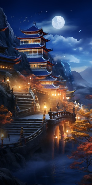 Chinese style, the place where Chinesegods live, at night, mountains and rivers,pavilions, magnificent, lights, bright lights,Chinese style palaces, palaces, inlaid withgold, clouds and mist, fairy air, summer,night, large lights, no dark corners, 3Dfairy game painting style, rich details,high-definition, ice blue, cool colors,shocking scenes, grand,game screenstyle,16kar3:4s 200q5v5.2