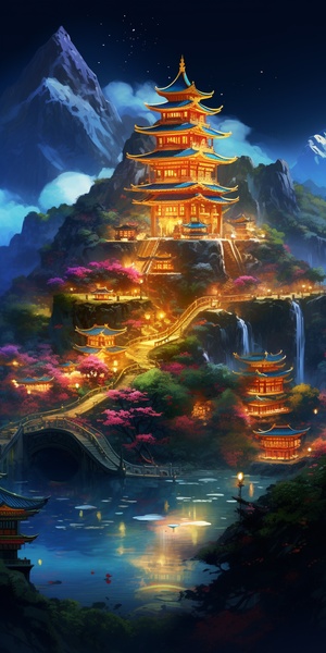 Chinese style, the place where Chinesegods live, at night, mountains and rivers,pavilions, magnificent, lights, bright lights,Chinese style palaces, palaces, inlaid withgold, clouds and mist, fairy air, summer,night, large lights, no dark corners, 3Dfairy game painting style, rich details,high-definition, ice blue, cool colors,shocking scenes, grand,game screenstyle,16kar3:4s 200q5v5.2