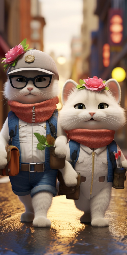 雪后的早餐，一只白猫和一只花猫，直立走手牵着手在大街上，分别头戴棒球帽戴墨镜、背着小书包 脸上有这不同的笑容，全镜头，4k，3d迪斯尼风格。