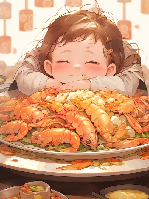 一个可爱的胖女孩趴在一盘可口的油虾仁上，开心的吃着，chibi style，温暖的氛围