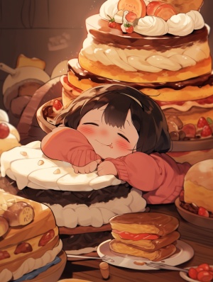 一个可爱的胖女孩趴在一堆可口的蛋糕上，开心的吃着，chibi style，温暖的氛围