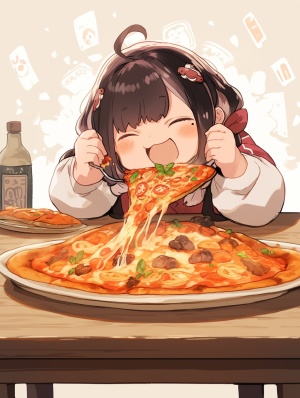 一个可爱的胖女孩坐在桌边，高兴的吃着一份热气腾腾的海鲜披萨，chibi style