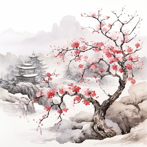 梅花枝头，水墨画，婉约细腻，墨色浓淡交错，展现梅花素雅之美。寒梅傲雪，意境深远。传统中国风格，淡墨山水背景，意境空灵。45度仰视角度，突出梅花高洁之姿。