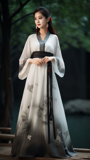 中国女子水上传统服饰，深白浅黑，空灵，梦幻般的品质，宋代，aurorapunk，干净的衬里，优雅的服装，纯净的色彩