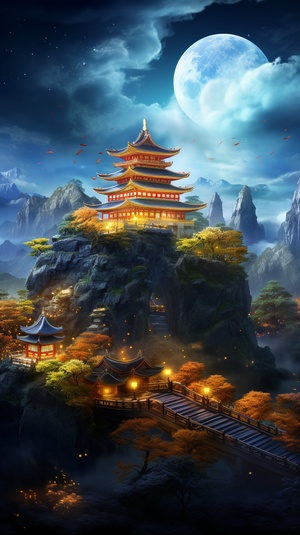 Chinese style, the place where Chinesegods live, at night, mountains and rivers,pavilions, magnificent, lights, bright lights,Chinese style palaces, palaces, inlaid withgold, clouds and mist, fairy air, summer,night, large lights, no dark corners, 3Dfairy game painting style, rich details,high-definition, ice blue, cool colors,shocking scenes, grand,game screenstyle,16kar3:4s 200q5v5.2