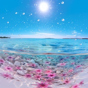 Blue ocean,blue sky,white beach of Maldives,pink，roses of different sizes on the beach,blue roses, many tiny and colorful luminous particles，illuminated by the Milky way,Arctic,tundra and，iceberg,fantasy,high detail,beauty,8K,octane shading,complex details,ultra wide angle of view, panoramic shooting,8K.HD ar 9:16