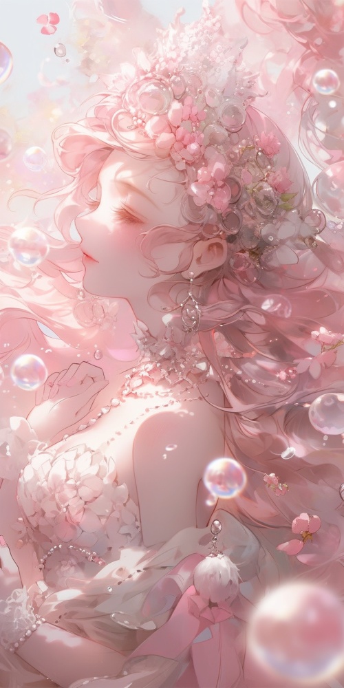 唯美的美人图，全身粉色，周围有好看的泡泡点缀，