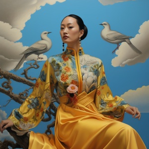 中国妇女黄色中式礼服，剪裁解构，色彩鲜艳的设计
