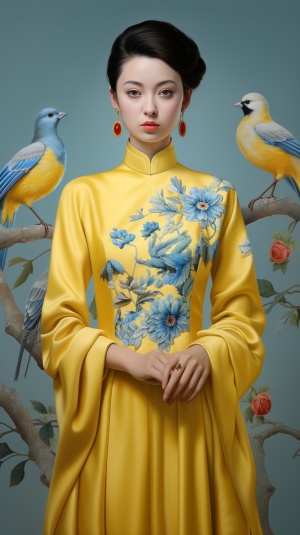 中国女性穿着传统黄色衣服展示优雅概念刺绣风格