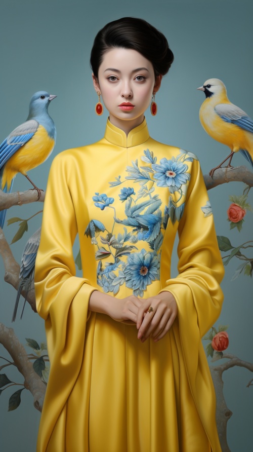 一位身穿黄色衣服的中国女性穿着传统服装，五官精致，采用概念刺绣风格，优雅正式，色彩鲜艳的鸟，深黄色和天蓝色，解构剪裁，逼真的细节，精确的细节，全身展示