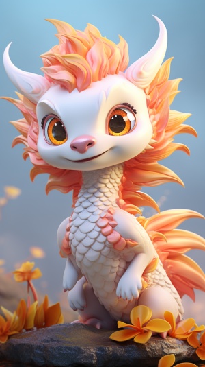 a cute Chinese dragon:2, 4 feet,fly in the sky,super detail,realistic hair,C4D rendering、 IP design,white, orange,resin,3d,blender,fine material rendering,2.5d,bright colors,simple background,detailed rendering,8k,rich detail,front view 3:4
