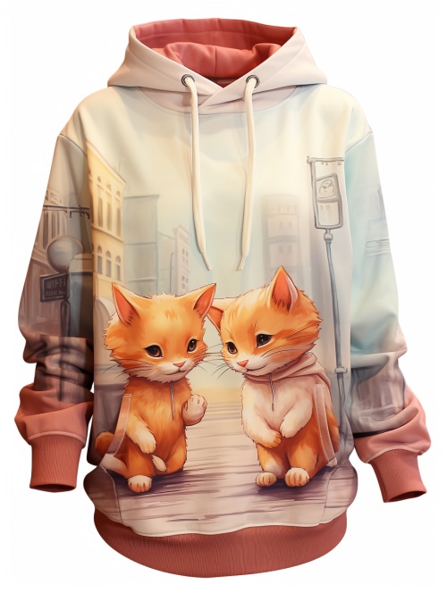 两只穿着帽衫的小猫背着背包在街上奔跑，以何家英的风格，逼真的栩栩如生的人物，淡橙色和栗色，我不敢相信这是多么美丽，精心设计