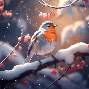 一只红白相间的鸟站在树枝上，雪景的风格，写实的手法，丰富多彩的动画，我简直不敢相信这是多么美丽，深银色和橙色，受中国古代艺术的影响