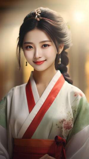 An innocent beautiful Korean look girl portrait, stunning look, an exquisite CG face of a the pretty girl wearing traditional Korean costume, smiling, with a blurred background, in realistic in vibrant 8K, 3D, custom zoom, pan out, and ultra-high definination. - ar 9:16