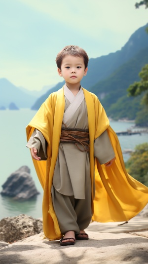 一个年轻的小男孩走在林海山海间，穿着淡黄色和尚服，采用sandara tang的风格，32k uhd，交织的材料，babycore，dansaekhwa，高品质