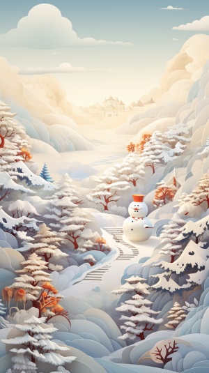 beginning of winter，big snowman，Chinese style，winter，rockery，winter white，low saturation，color，matte,soft,sunlight,hand painted style,handspace frame flat illustration victo nag style,detail 8k,ar9:16,niji5。立体浮雕，剪纸艺术