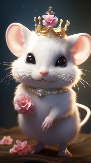 An adorable white mouse, with silky milky fuzz, sparkling eyes and a bushy tail, wears a princess's tiara, a shiny crown and an intricate gold necklace. Personification, holding a pink flower. Like a Princess, fairy tale, charming, Unreal Engine, Octane rendering, Art Station, HD ar 9:16 testp upbeta upbeta