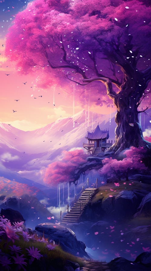 field of flowers fantasy, leafy tree, swing, light, glitter effect stars, small house in the middle of the forest, hills, waterfall, stream, path, glitter effect, sparkle, painting, light pink sky clouds, purple an blue tones, epic, pastel light, After Effects, light soft, ar 5:7