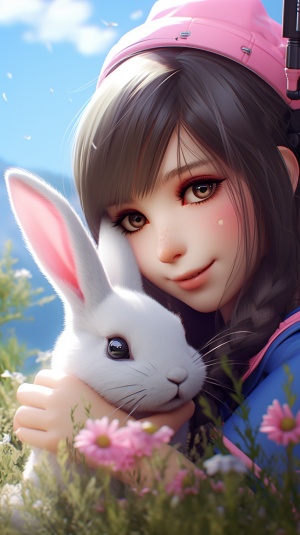 a cute rabbit as D.VA from overwatch, doe eyes and girlfriend material , film accurate, supermodel pose , full-body picture, scene from overwatch, style of fortnite, background art by Makoto Shinkai, detailed, smooth, kleggt doe eyes, vray like a Overwatch style, V-ray