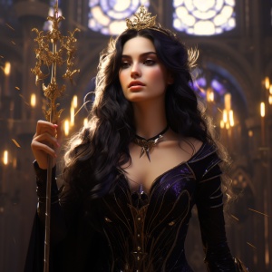 一个女孩，黑色头发，金色眼睛，微笑，黑色连衣裙，左手抬起，手拿权杖。在城堡内，有金色装饰，紫色壁纸，全景。中心构图。绚丽光照