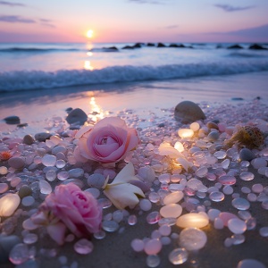 这张照片是月光下美丽的海滩，海滩上散落着许多彩色的、浅粉色山茶花和通透的、圆形的、有光泽的鹅卵石。带有玛瑙纹理的浅粉色山茶花和鹅卵石逐渐变成白色和美丽的浅粉色山茶花和鹅卵石，散发出淡淡的黄色，浅白色山茶花和鹅卵石散发出紫色，五颜六色，晶莹剔透，闪闪发光，耀眼的灯光，玫瑰花洒在蛋白石，小菊花飘落，园林风格，高清8kv超广角，超鹅卵石上，非常漂亮，广角镜头，光滑细腻，发光细节ar 9：16