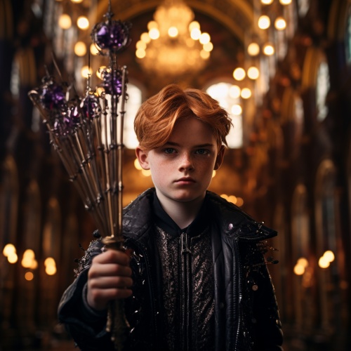 一个男孩，红色头发，蓝色眼睛，冷峻，黑色战袍，左手抬起，手拿权杖。在城堡内，有金色装饰，紫色壁纸，全景。中心构图。绚丽光照