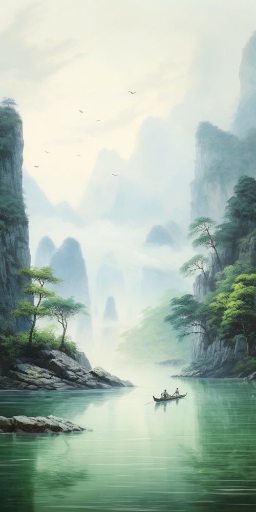 中式风景山水画，小溪扁舟