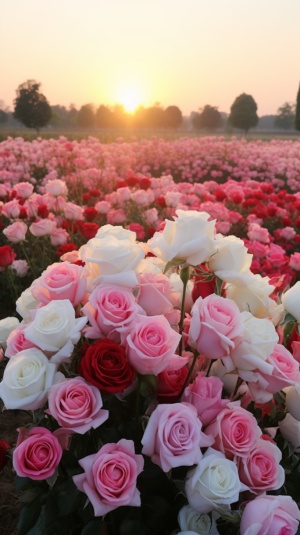 上午，实景拍摄1000朵美丽浪漫的粉色和白色玫瑰绽放光芒，美丽的花朵清晰可见，白色和红色的花朵，蓬松柔软的花瓣，两侧是许多花朵，中间是飘落的发光花瓣，夕阳的天空，远处是草，折射出粉色的光，超现实，超真实，摄影，魔术，幻想，清澈，8k，尿素，宫崎海遥高清拍摄。高清，高清