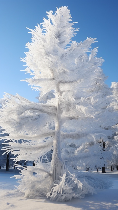 在明斯克冬季冻结的松树，雾凇，以详细的雾凇渲染，视听装置，afrofuturism启发的风格，特写，我不敢相信这是多么美丽，柔软，浪漫的场景