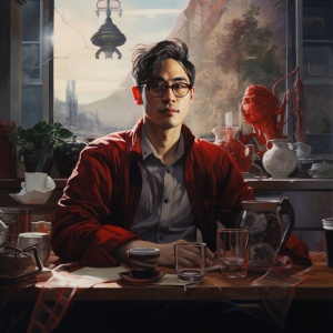 一个戴着眼镜的男人坐在桌子前，风格为gongbi，深白色和红色，与provoa，ohare kei，肖像，nerdcore，daguerreian合影