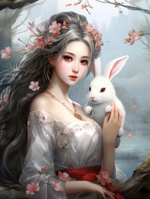 国风小姐姐，一头飘逸的银发，头上有带花朵的精致头饰，穿着汉服，纹理是花，华丽，端庄。身边有几只玉兔。背景湖面。