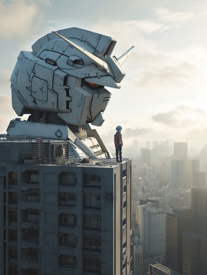 Kid Observes Giant Gundam from Building Top