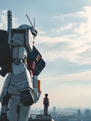 a kid stands on the top of building, look at Giant Gundam head