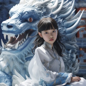 Surreal Dream Scene: A Little Chinese Girl on a Blue-and-White Porcelain Dragon