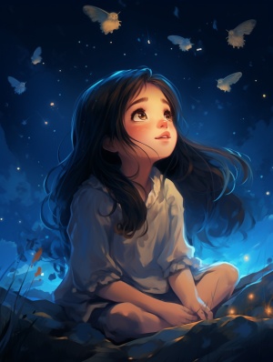 仰望星空的小女孩，心情愉悦的银色夜空