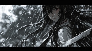 二次元黑色长发少女手握日本太刀下着大雨