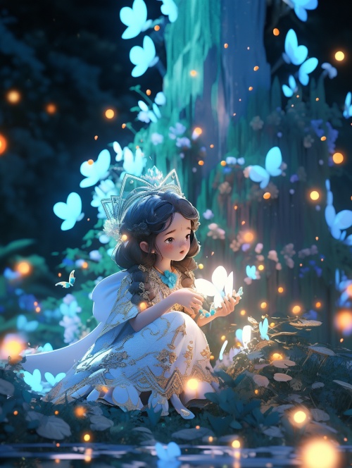Dream Forest, Chinese Pixar style super cute little girl, sitting, charming big eyes, surreal, super detailed, unreal 3D digital art Engine, Octane Rendering, 8K, Lots of Crystal Flowers, Moonlight Effect, ar 3:4 niji 5