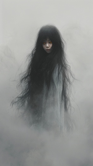 站在浓郁灰雾中的长黑发少女被遮盖了身形只留下了轮廓，黄金瞳透过雾气闪烁着，二次元