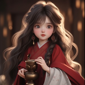 一个五岁的中国女孩穿着红色的汉服，非常可爱，有一头银白色的蓬松的长头发丸子，且有一双浅蓝色的眼瞳，同时拥有一张可爱美丽的圆脸。她双手上捧着金元宝，抬头望着天空，自信、迷人、古色古香、CG渲染、CG渲染，全景，远景