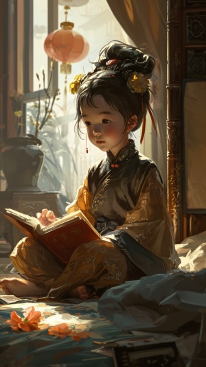 古代五岁小姑娘床边读书的可爱场景