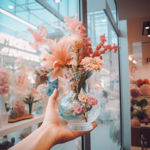 a hand holding up a flower vase in a store window, in the style of kawaii chic, ballet academia, meticulous design, chinapunk, light indigo and pink, mommy's on-the-phonecore, raw materials