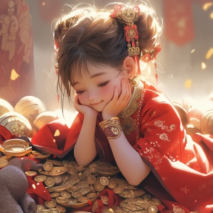 中国风小女孩祈祷中的金币景观