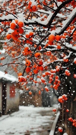 一颗柿子树挂满柿子，下雪，厚厚白雪，江南小镇，雪花，摄影