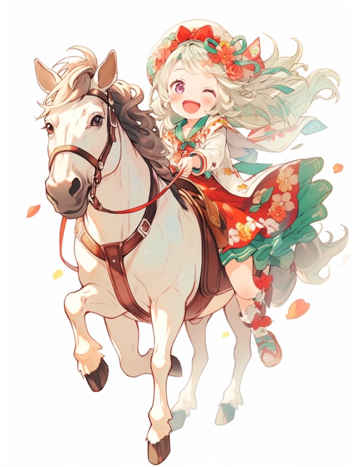 A cute and beautiful little girl gallops on a horse with her skirt fluttering