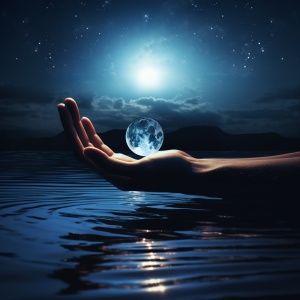 天空中挂着一轮满月倒映在水面上，一双手在岸边捧着从天空照耀下来的月光