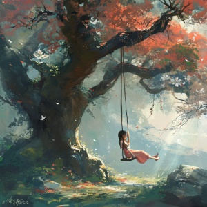 中国古代文化女孩在大树下的秋千